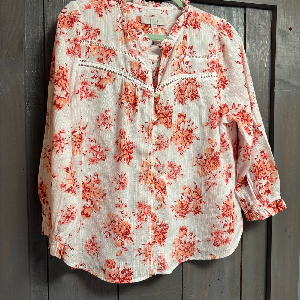 LOFT Floral Blouse in Pink and White